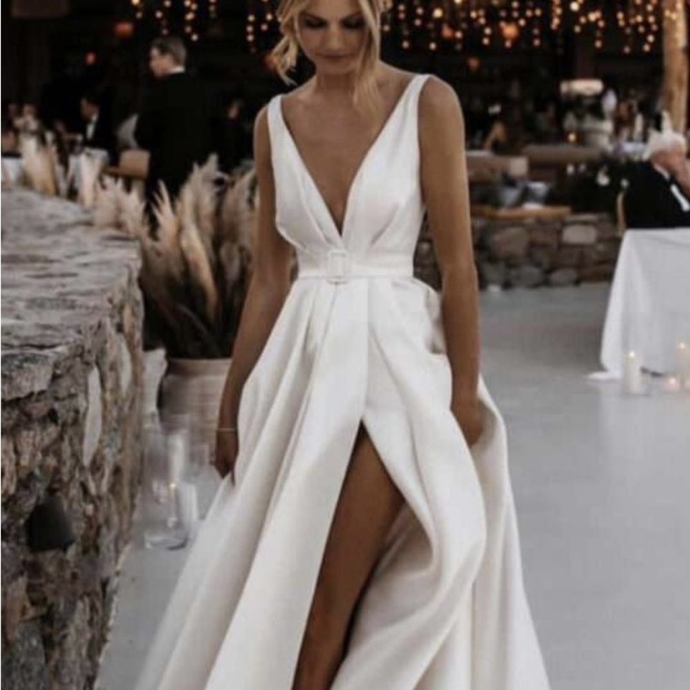 White Pleated Slit Wedding Gown